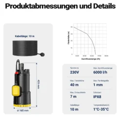 Wiltec Tauchpumpe mit Schwimmerschalter 1200 W, Tiefbrunnenpumpe bis 7 m Tiefe, Brunnenpumpe 40 m Förderhöhe, Wasserpumpe für Klarwasser