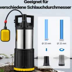 Wiltec Tauchpumpe mit Schwimmerschalter 1200 W, Tiefbrunnenpumpe bis 7 m Tiefe, Brunnenpumpe 40 m Förderhöhe, Wasserpumpe für Klarwasser