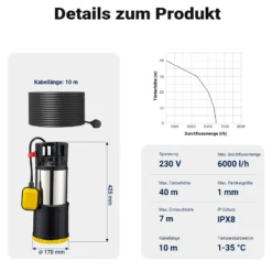 Wiltec Tauchpumpe mit Schwimmerschalter 1200 W, Tiefbrunnenpumpe bis 7 m Tiefe, Brunnenpumpe 40 m Förderhöhe, Wasserpumpe für Klarwasser