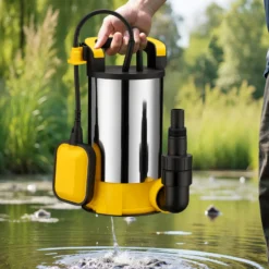 Wiltec Tauchpumpe mit Schwimmer Edelstahl 550 W, flachabsaugende Pumpe bis 1 mm, Tiefbrunnenpumpe bis 7 m Tiefe & 7 m Förderhöhe, Flachsaugerpumpe für Klarwasser