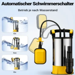 Wiltec Tauchpumpe mit Schwimmer Edelstahl 550 W, flachabsaugende Pumpe bis 1 mm, Tiefbrunnenpumpe bis 7 m Tiefe & 7 m Förderhöhe, Flachsaugerpumpe für Klarwasser