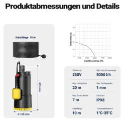 Wiltec Tauchpumpe mit Schwimmerschalter 850 W, Tiefbrunnenpumpe bis 7 m Tiefe, Brunnenpumpe 20 m Förderhöhe, Wasserpumpe für Klarwasser