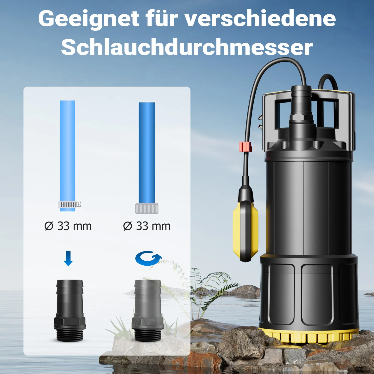 Wiltec Tauchpumpe mit Schwimmerschalter 850 W, Tiefbrunnenpumpe bis 7 m Tiefe, Brunnenpumpe 20 m Förderhöhe, Wasserpumpe für Klarwasser