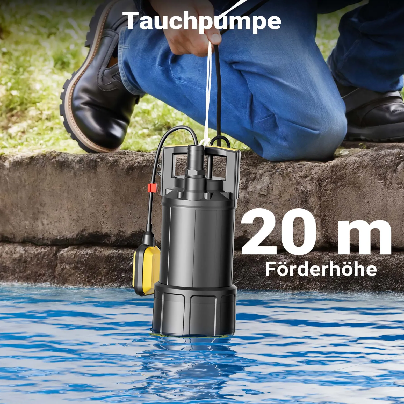 Wiltec Tauchpumpe mit Schwimmerschalter 850 W, Tiefbrunnenpumpe bis 7 m Tiefe, Brunnenpumpe 20 m Förderhöhe, Wasserpumpe für Klarwasser