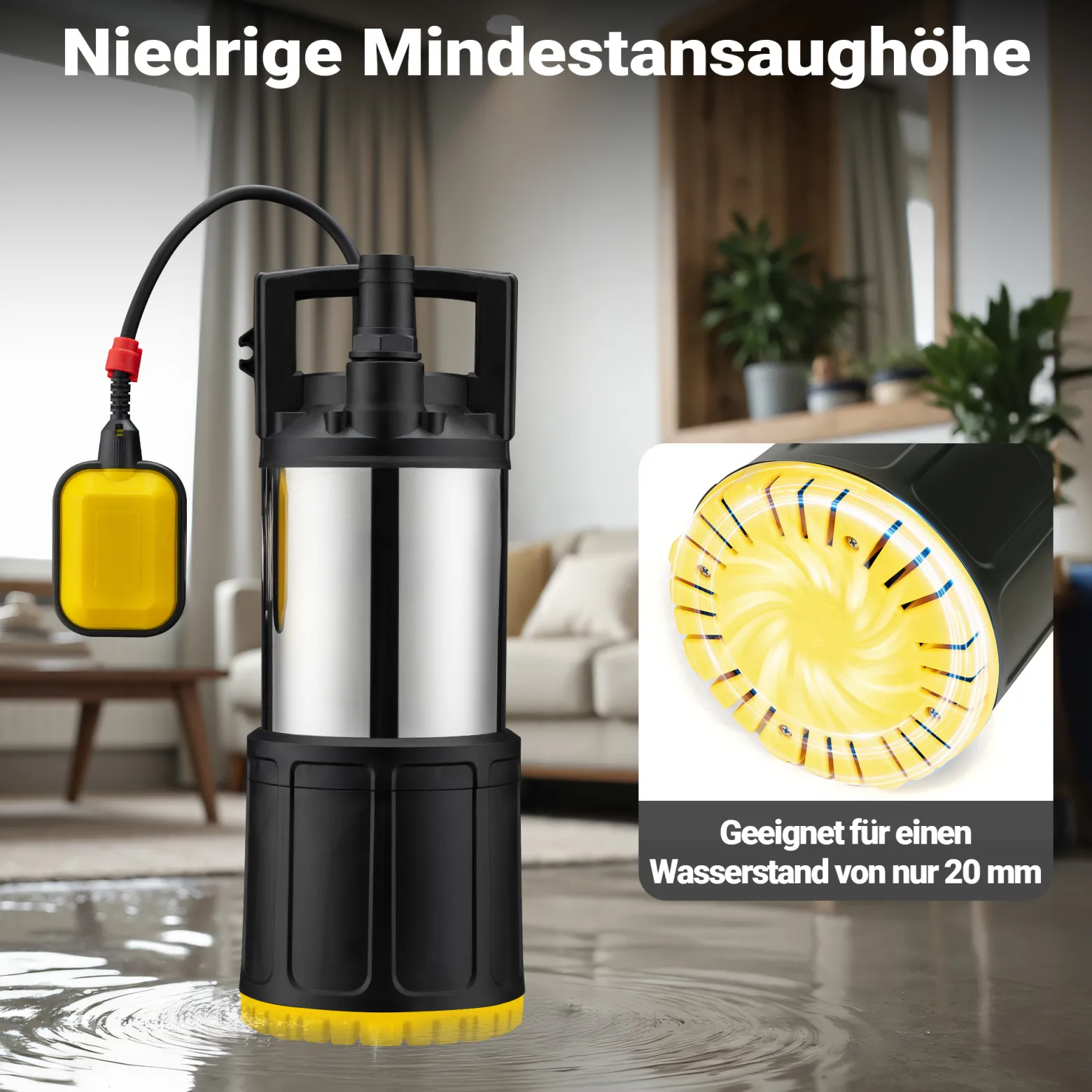 Wiltec Tauchpumpe mit Schwimmerschalter 850 W, Tiefbrunnenpumpe bis 7 m Tiefe, Brunnenpumpe 20 m Förderhöhe, Wasserpumpe für Klarwasser