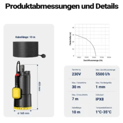 Wiltec Tauchpumpe mit Schwimmerschalter 1000 W, Tiefbrunnenpumpe bis 7 m Tiefe, Brunnenpumpe 30 m Förderhöhe, Wasserpumpe für Klarwasser
