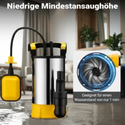 Wiltec Tauchpumpe mit Schwimmer Edelstahl 900 W, flachabsaugende Pumpe bis 1 mm, Tiefbrunnenpumpe bis 7 m Tiefe & 9 m Förderhöhe, Flachsaugerpumpe für Klarwasser