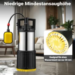 Wiltec Tauchpumpe mit Schwimmerschalter 1000 W, Tiefbrunnenpumpe bis 7 m Tiefe, Brunnenpumpe 30 m Förderhöhe, Wasserpumpe für Klarwasser