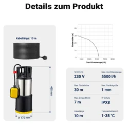 Wiltec Tauchpumpe mit Schwimmerschalter 1000 W, Tiefbrunnenpumpe bis 7 m Tiefe, Brunnenpumpe 30 m Förderhöhe, Wasserpumpe für Klarwasser