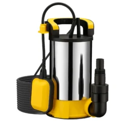 Wiltec Tauchpumpe mit Schwimmer Edelstahl 850 W, flachabsaugende Pumpe bis 1 mm, Tiefbrunnenpumpe bis 7 m Tiefe & 8,5 m Förderhöhe, Flachsaugerpumpe für Klarwasser