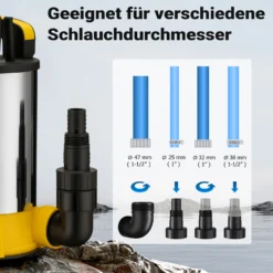 Wiltec Tauchpumpe mit Schwimmer Edelstahl 850 W, flachabsaugende Pumpe bis 1 mm, Tiefbrunnenpumpe bis 7 m Tiefe & 8,5 m Förderhöhe, Flachsaugerpumpe für Klarwasser