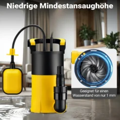 Wiltec Tauchpumpe mit Schwimmer 850 W, flachabsaugende Pumpe bis 1 mm, Tiefbrunnenpumpe 8,5 m Förderhöhe & 7 m Tiefe, Flachsaugerpumpe für Klarwasser