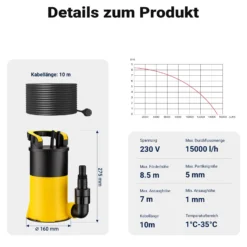Wiltec Tauchpumpe mit Schwimmer 850 W, flachabsaugende Pumpe bis 1 mm, Tiefbrunnenpumpe 8,5 m Förderhöhe & 7 m Tiefe, Flachsaugerpumpe für Klarwasser