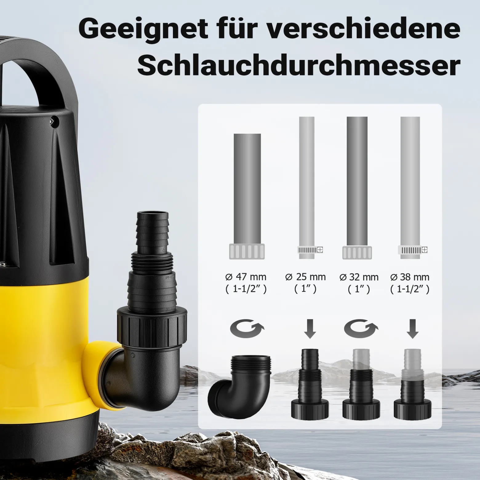 Wiltec Tauchpumpe mit Sensor 400 W, Tiefbrunnenpumpe mit 2 Modi, leistungsstarke Wasserpumpe 7300 l/h, Brunnenpumpe 7,5 m Förderhöhe & 7 m Tiefe