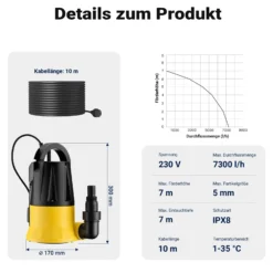 Wiltec Tauchpumpe mit Sensor 400 W, Tiefbrunnenpumpe mit 2 Modi, leistungsstarke Wasserpumpe 7300 l/h, Brunnenpumpe 7 m Förderhöhe & 7 m Tiefe