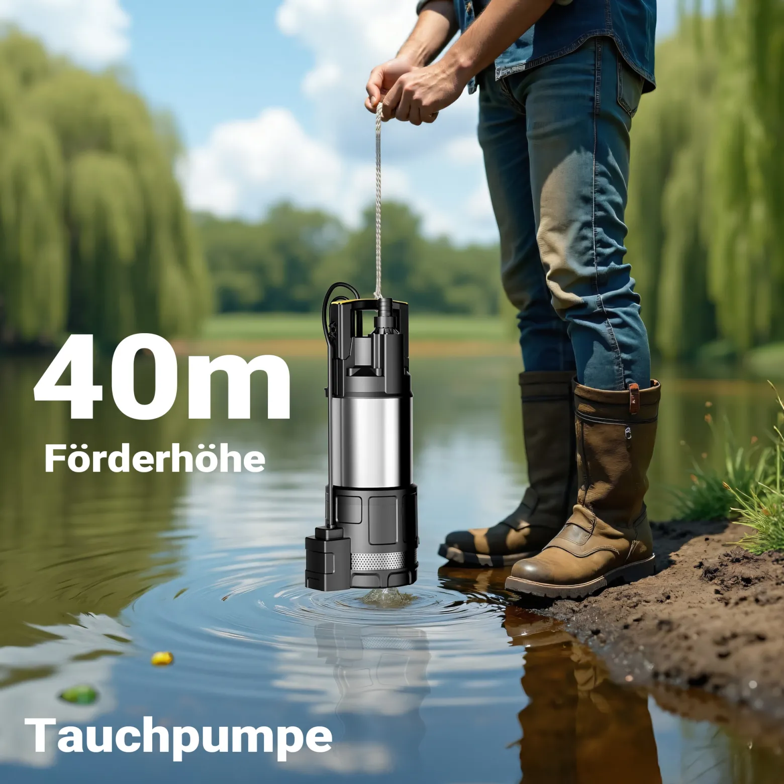 Wiltec Tauchpumpe mit Trockenlaufschutz und Schwimmerschalter 1200 W, Tiefbrunnenpumpe 6000 l/h, Wasserpumpe mit Schwimmer bis 7 m Tiefe & 40 m Förderhöhe