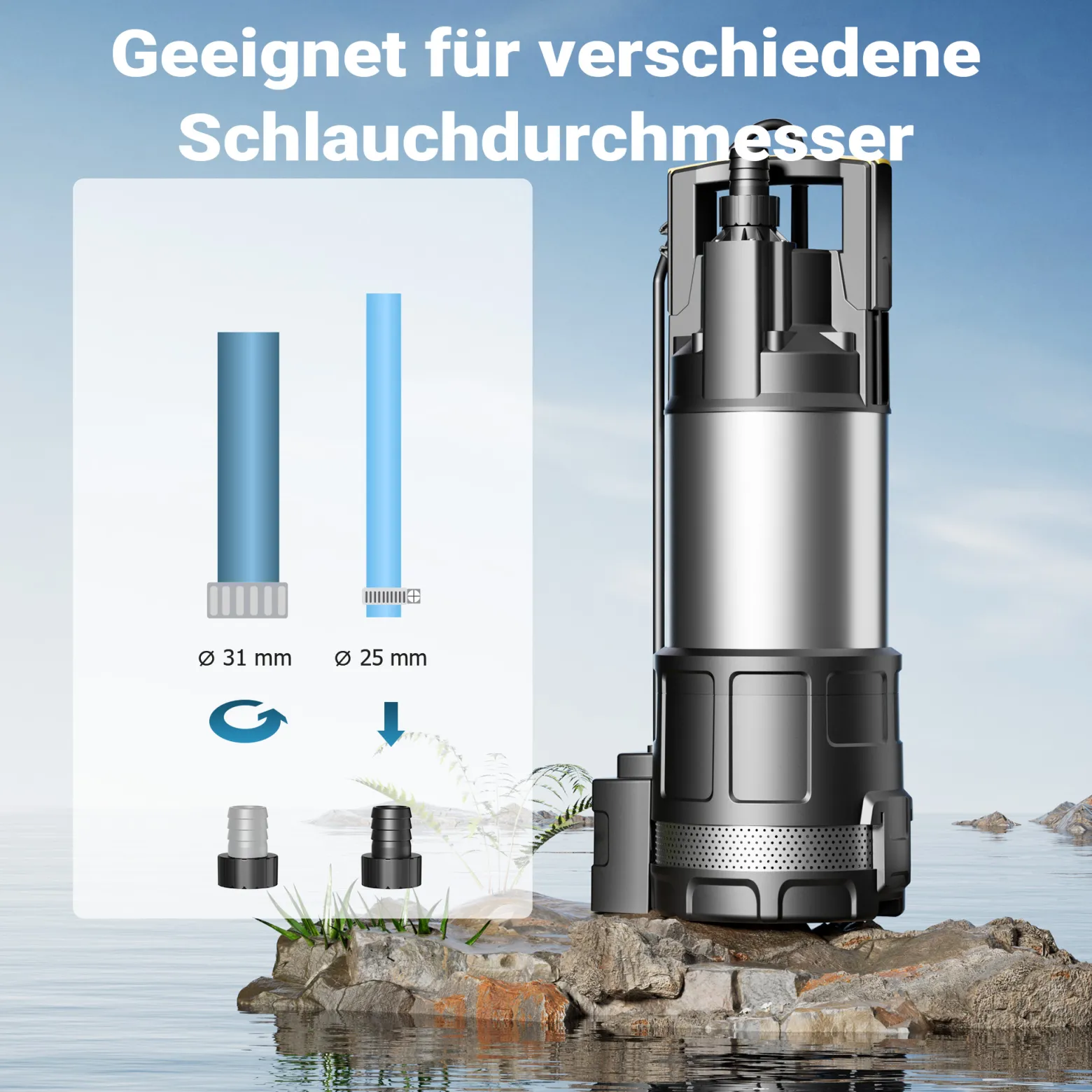 Wiltec Tauchpumpe mit Trockenlaufschutz und Schwimmerschalter 1200 W, Tiefbrunnenpumpe 6000 l/h, Wasserpumpe mit Schwimmer bis 7 m Tiefe & 40 m Förderhöhe