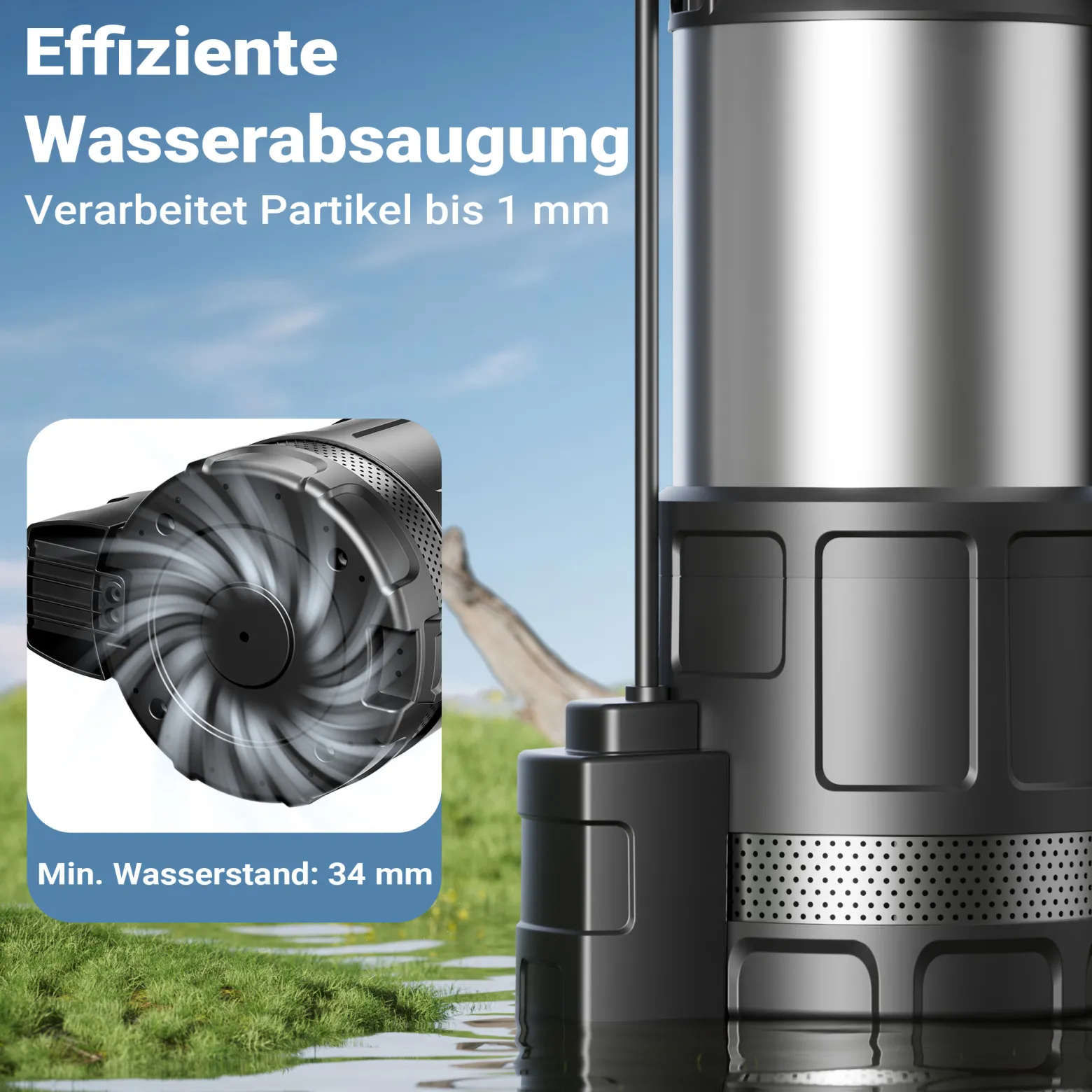Wiltec Tauchpumpe mit Trockenlaufschutz und Schwimmerschalter 1200 W, Tiefbrunnenpumpe 6000 l/h, Wasserpumpe mit Schwimmer bis 7 m Tiefe & 40 m Förderhöhe