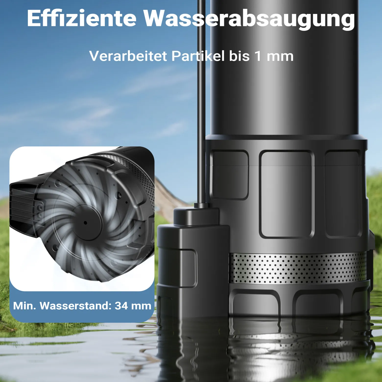Wiltec Tauchpumpe mit Trockenlaufschutz und Schwimmerschalter 1200 W, Tiefbrunnenpumpe 6000 l/h, Wasserpumpe mit Schwimmer bis 7 m Tiefe & 40 m Förderhöhe