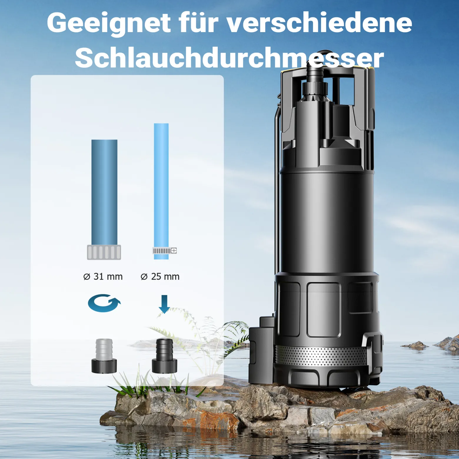 Wiltec Tauchpumpe mit Trockenlaufschutz und Schwimmerschalter 1200 W, Tiefbrunnenpumpe 6000 l/h, Wasserpumpe mit Schwimmer bis 7 m Tiefe & 40 m Förderhöhe