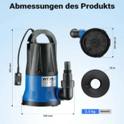 Wiltec Tauchpumpe 400 W, Schmutzwasserpumpe mit max. Fördermenge 6000 l/h, Pumpe zum Absaugen von Wasser max. Förderhöhe 7 m, Flachsaugpumpe für Keller