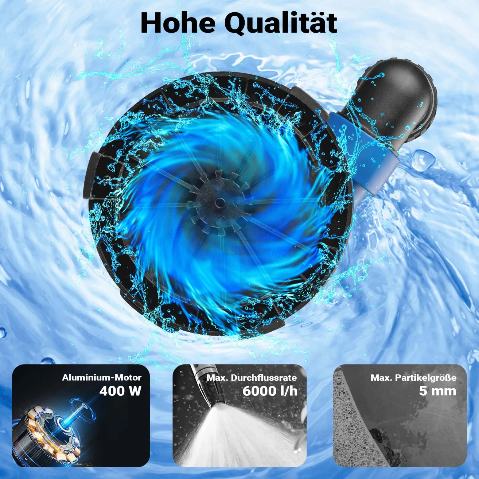 Wiltec Tauchpumpe 400 W, Schmutzwasserpumpe mit max. Fördermenge 6000 l/h, Pumpe zum Absaugen von Wasser max. Förderhöhe 7 m, Flachsaugpumpe für Keller