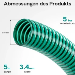 Wiltec Teichschlauch 5m, flexibel, 50mm (2") grün - Made in Europe, Saugschlauch Druckschlauch