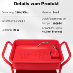 Wiltec Teilewaschgerät 75,7 l aus Stahl, Teilereiniger mit Pumpe, Teilewaschbecken mit Ablage, Teilewäscher rollbar für Werkstatt, Garage