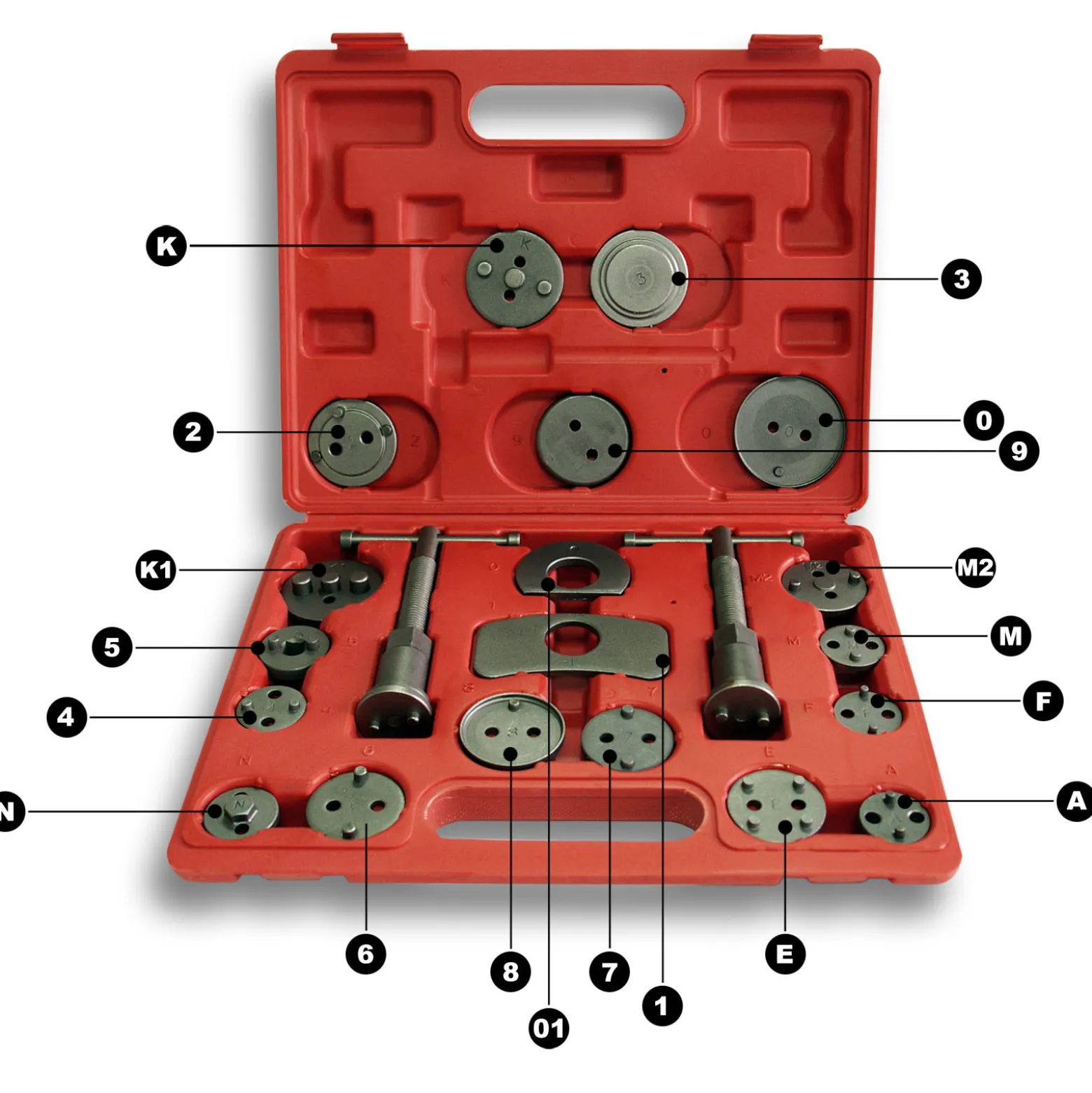 Wiltec 21-teiliges Bremskolbenrücksteller Set 330 x 260 x 55 mm, Bremskolbenrücksetzer Werkzeug, Bremskolben zurückstellen zum Bremsbelag Wechsel