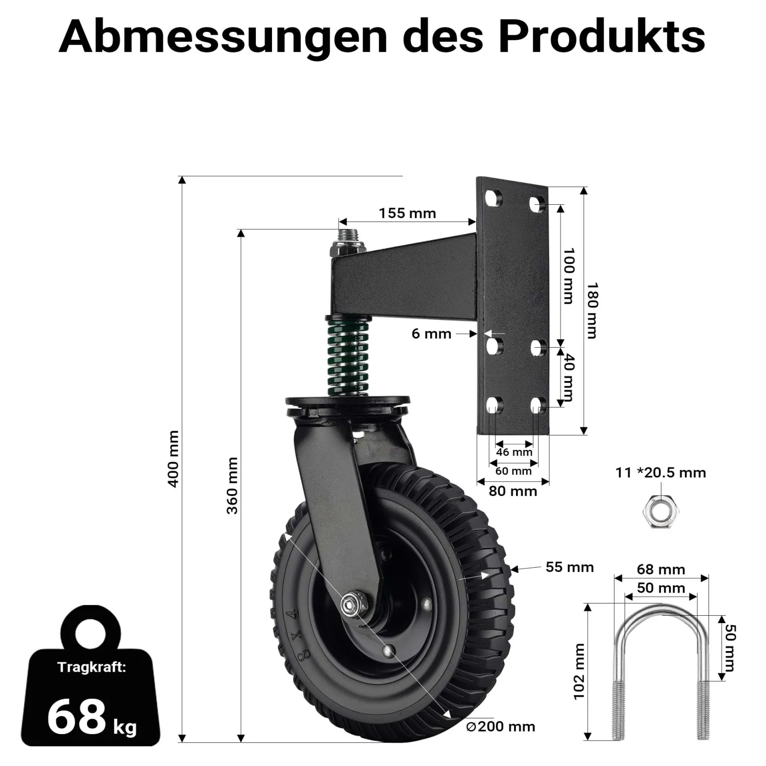 Wiltec Torrolle bis 275 kg Traglast, Torlaufrolle mit 360° Gummirad, Schiebetorrolle aus pulverbeschichtetem Stahl, Lenkrolle für Schiebetor und Gartentor