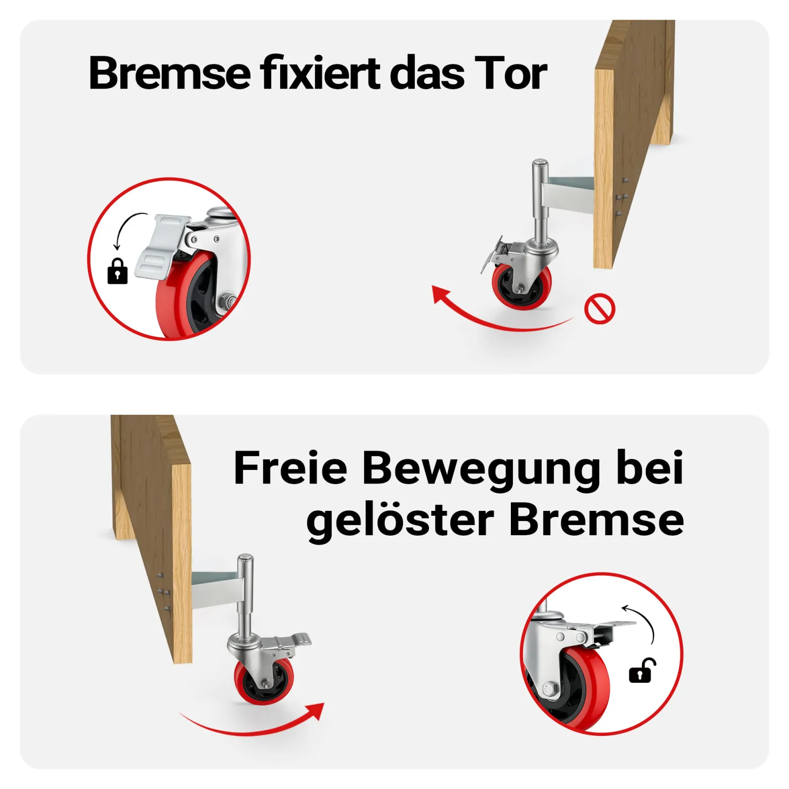 Wiltec Torrolle mit Bremse bis 150 kg Traglast, Torlaufrolle mit robustem Rad, Schiebetorrolle aus Stahl, Lenkrolle für Schiebetor und Gartentor