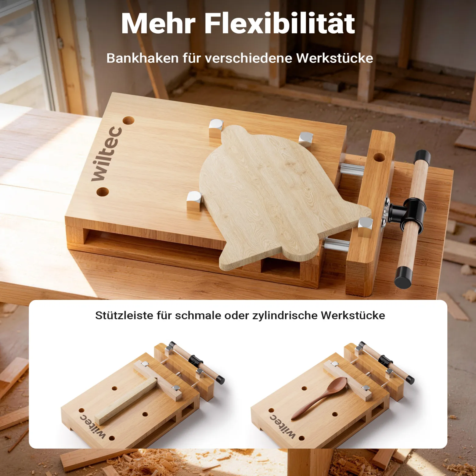 Wiltec Tragbare Hobelbank 45,5x28x7 cm & Schraubstock Mini-Werkbank aus Buchenholz Mobil Tragbar für Klemmen Hobeln