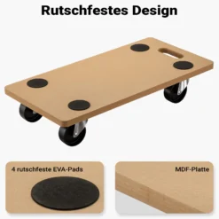 Wiltec Transportroller 250 kg 580x290 mm, viereckig, MDF Möbelroller, Rollbrett mit 4 Lenkrollen, Möbelhund als Umzugshilfe