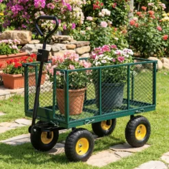 Wiltec Transportwagen bis 550 kg mit Metallgittern, Gartenwagen mit abnehmbarer Plane, Bollerwagen mit Ablage, Handkarren für u. a. auf Rasen u.Kies