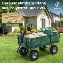 Wiltec Transportwagen bis 300 kg mit Metallgittern, Gartenwagen mit abnehmbarer Plane, Bollerwagen mit Luftreifen, Handkarren für u. a. Rasen u.Kies