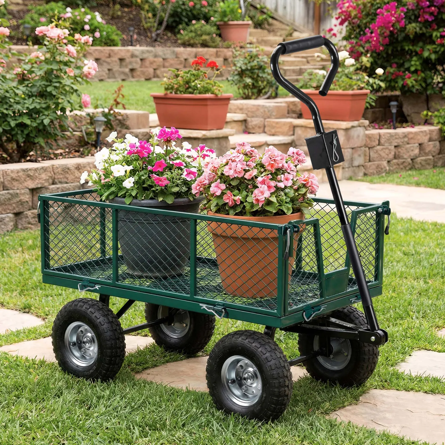 Wiltec Transportwagen bis 300 kg mit Metallgittern, Gartenwagen mit abnehmbarer Plane, Bollerwagen mit Luftreifen, Handkarren für u. a. Rasen u.Kies