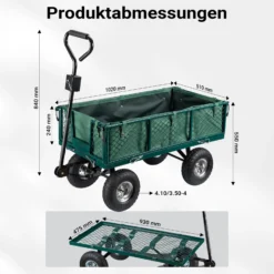 Wiltec Transportwagen bis 300 kg mit Metallgittern, Gartenwagen mit abnehmbarer Plane, Bollerwagen mit Luftreifen, Handkarren für u. a. Rasen u.Kies