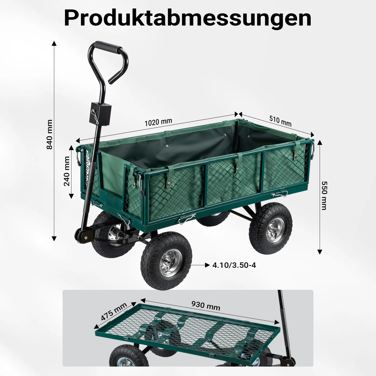 Wiltec Transportwagen bis 300 kg mit Metallgittern, Gartenwagen mit abnehmbarer Plane, Bollerwagen mit Luftreifen, Handkarren für u. a. Rasen u.Kies