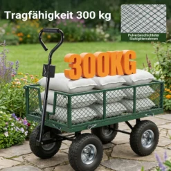 Wiltec Transportwagen bis 300 kg mit Metallgittern, Gartenwagen mit abnehmbarer Plane, Bollerwagen mit Luftreifen, Handkarren für u. a. Rasen u.Kies