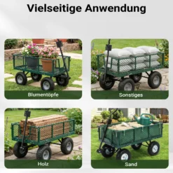 Wiltec Transportwagen bis 300 kg mit Metallgittern, Gartenwagen mit abnehmbarer Plane, Bollerwagen mit Luftreifen, Handkarren für u. a. Rasen u.Kies