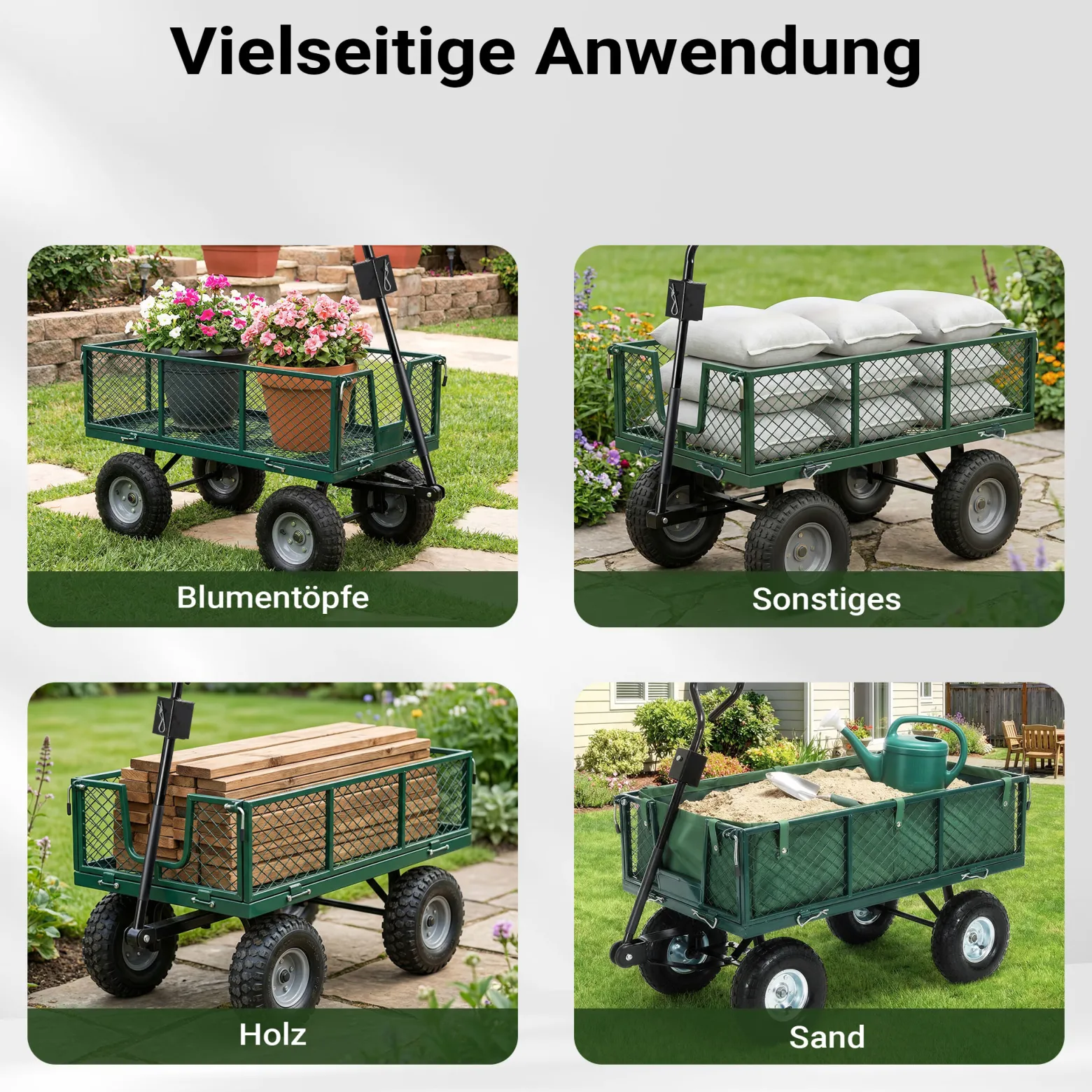 Wiltec Transportwagen bis 300 kg mit Metallgittern, Gartenwagen mit abnehmbarer Plane, Bollerwagen mit Luftreifen, Handkarren für u. a. Rasen u.Kies