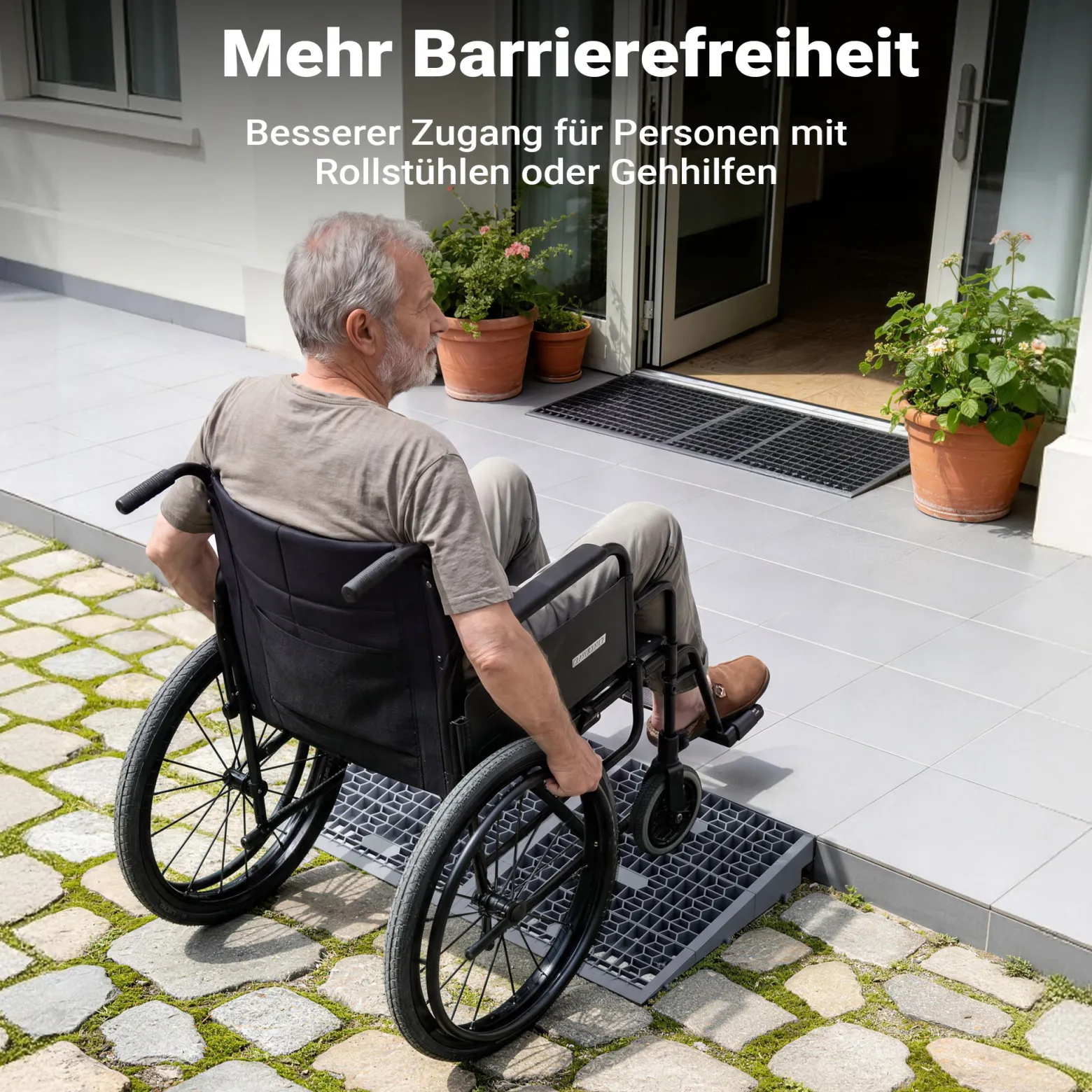 Wiltec Türschwellenrampe, verschiedene Höhen 0-25/25-50/50-76 mm, 810 mm Breite für Rollstuhl & Rollator, grau, Rollstuhlrampe aus Kunststoff, rutschfeste Oberfläche