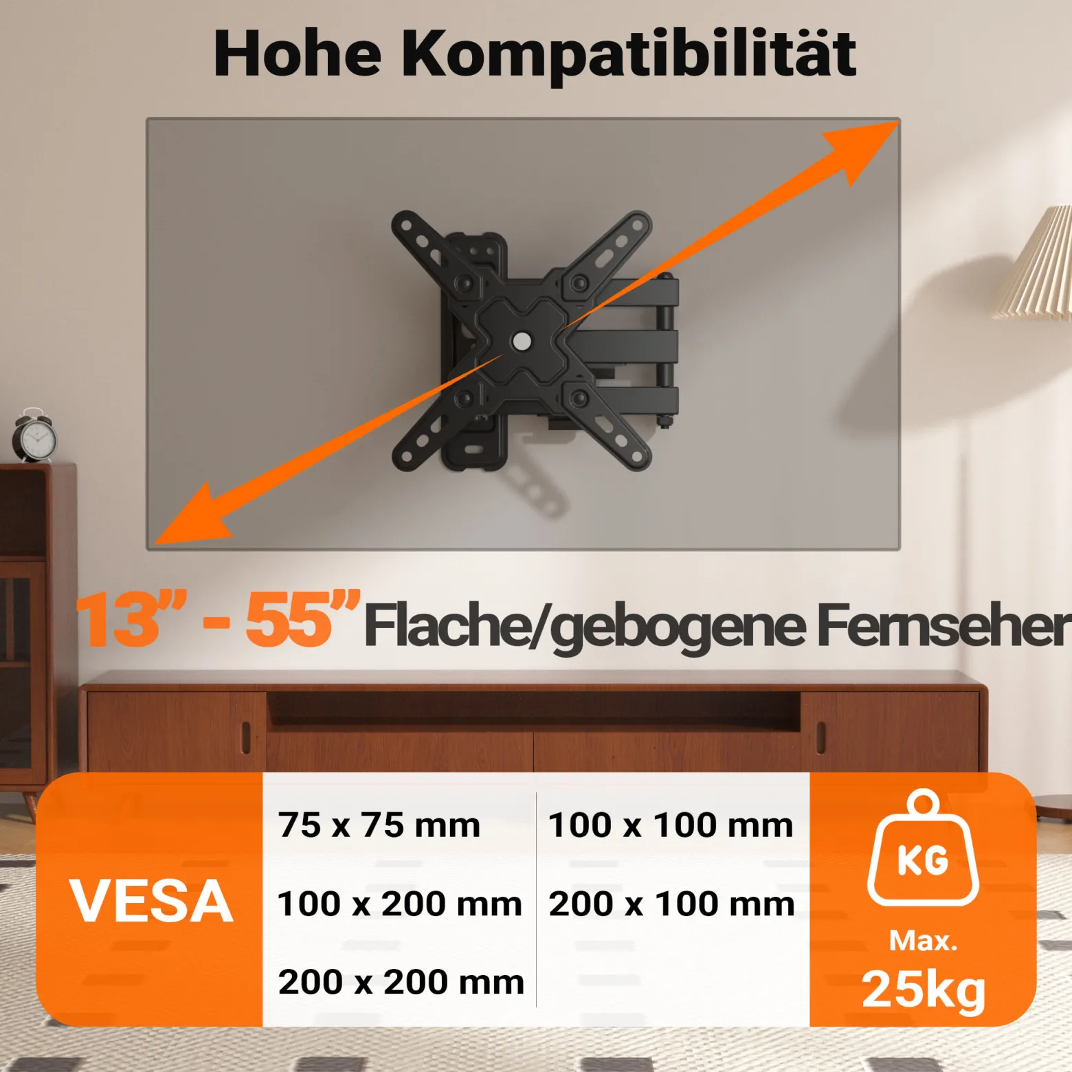 Wiltec TV Halterung 13"–55", TV Wandhalterung schwenkbar bis 25 kg, platzsparende Fernsehhalterung, Fernseher Wandbefestigung einfache Installation