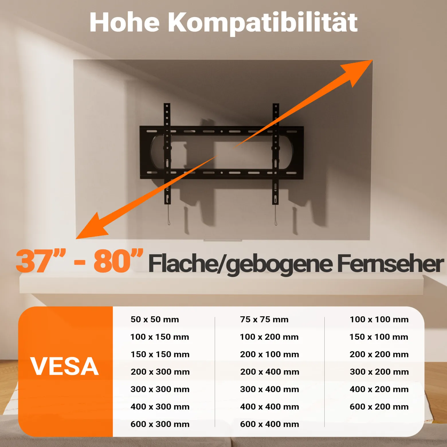 Wiltec TV Halterung 37"–80", TV Wandhalterung bis 80 kg aus Stahl, platzsparende Fernsehhalterung, Fernseher Wandbefestigung einfache Installation