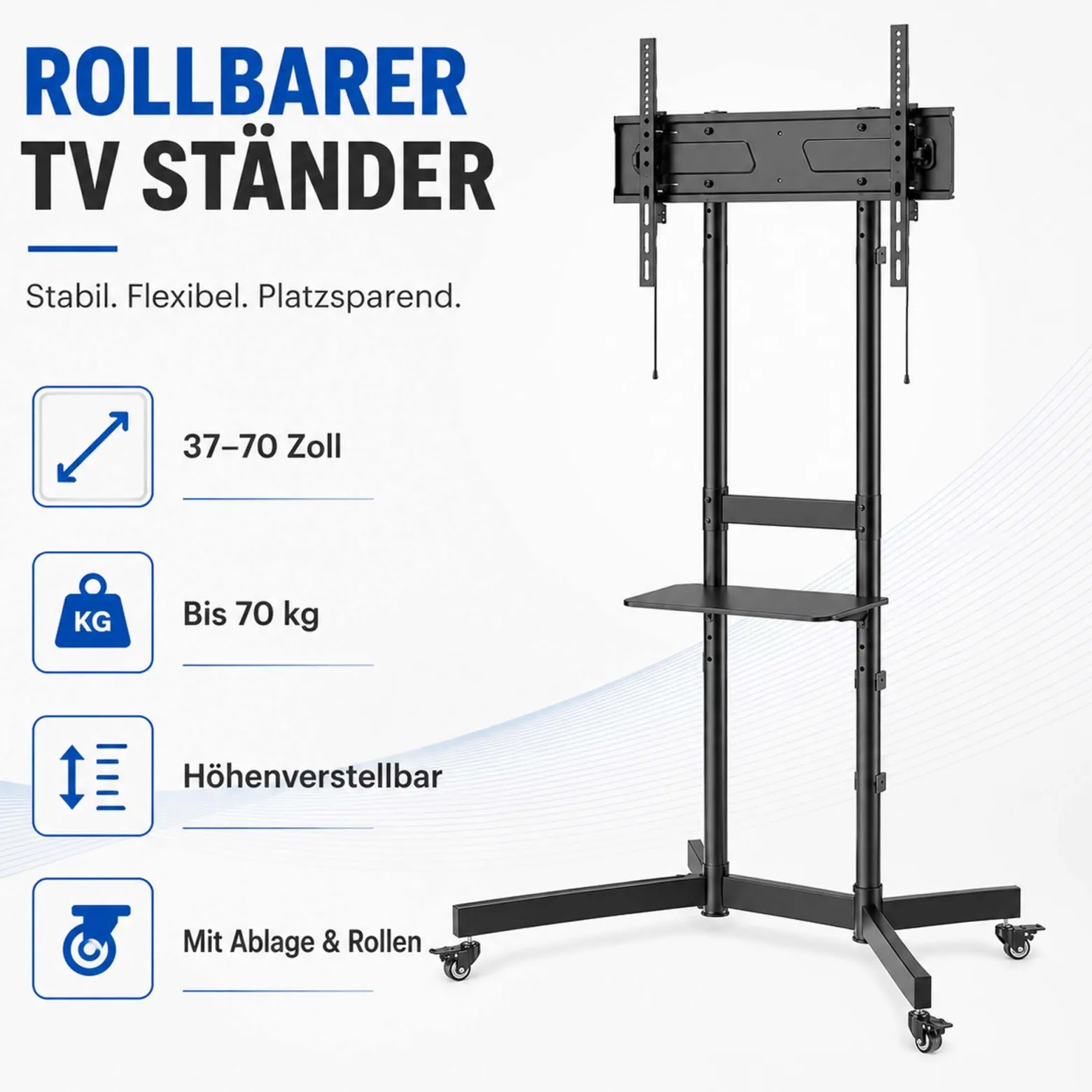Wiltec TV Ständer rollbar mit Ablage 37"-70", höhenverstellbarer Fernseheständer belastbar bis 70 kg, neigbarer TV Wagen max. VESA 600x400