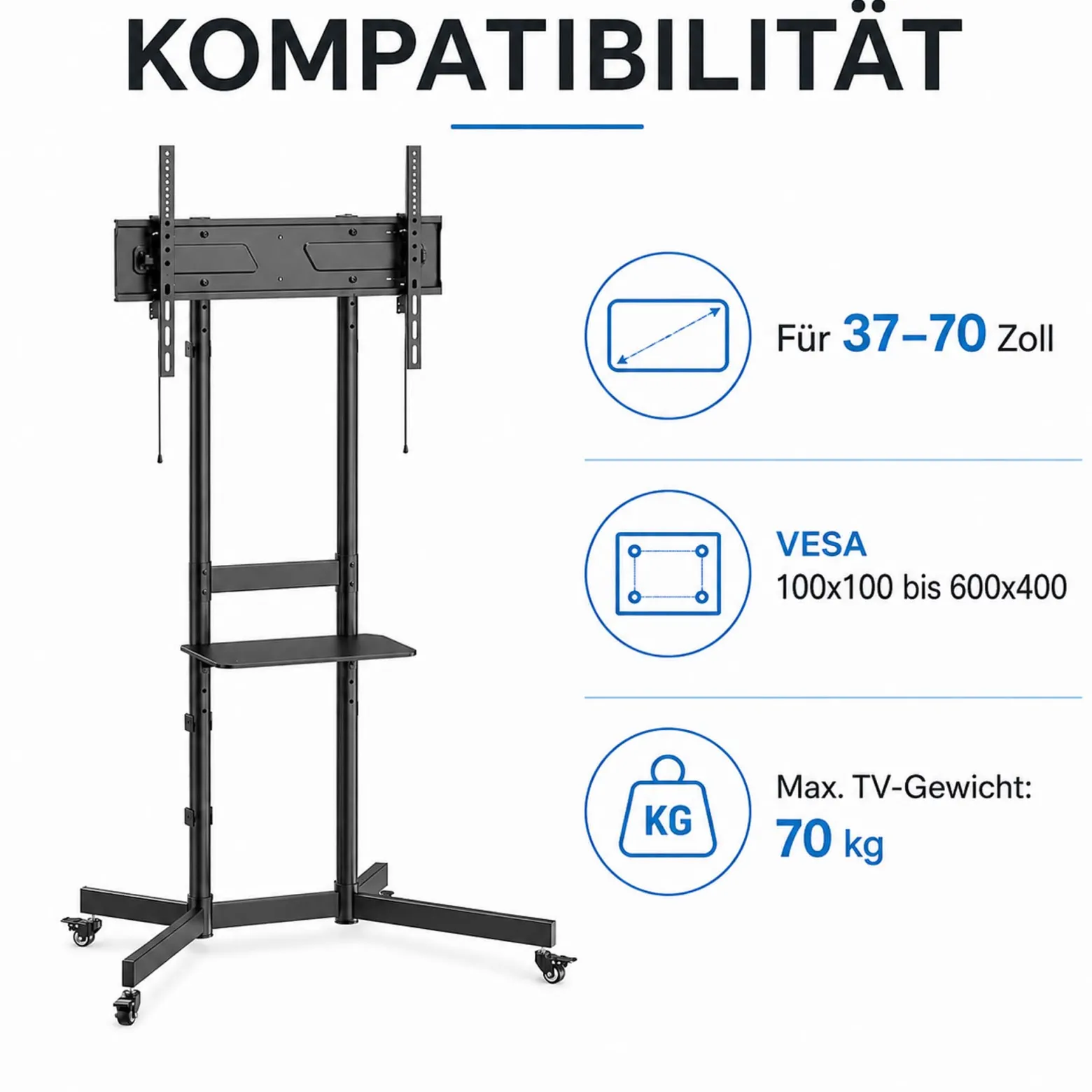 Wiltec TV Ständer rollbar mit Ablage 37"-70", höhenverstellbarer Fernseheständer belastbar bis 70 kg, neigbarer TV Wagen max. VESA 600x400