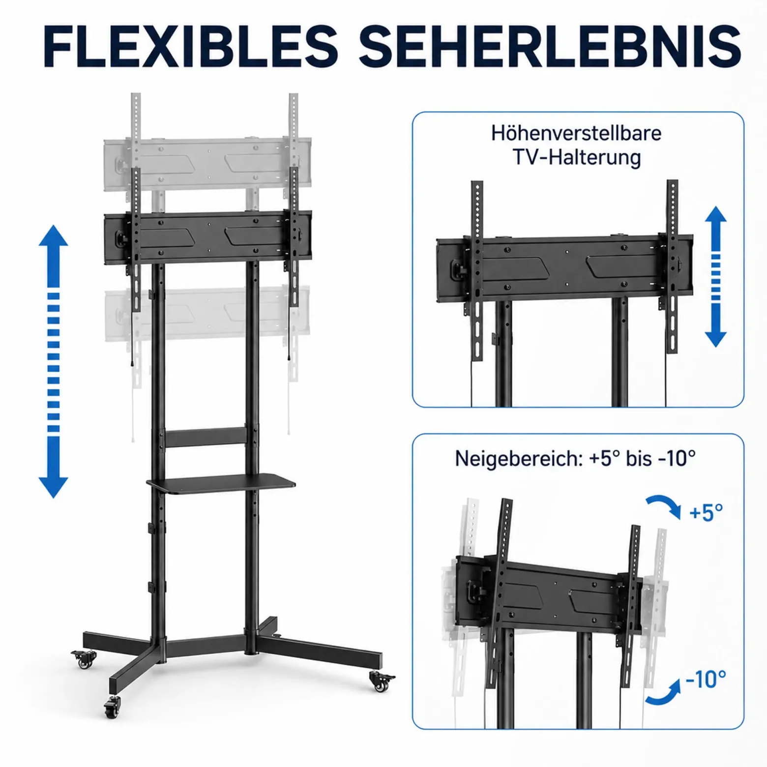 Wiltec TV Ständer rollbar mit Ablage 37"-70", höhenverstellbarer Fernseheständer belastbar bis 70 kg, neigbarer TV Wagen max. VESA 600x400