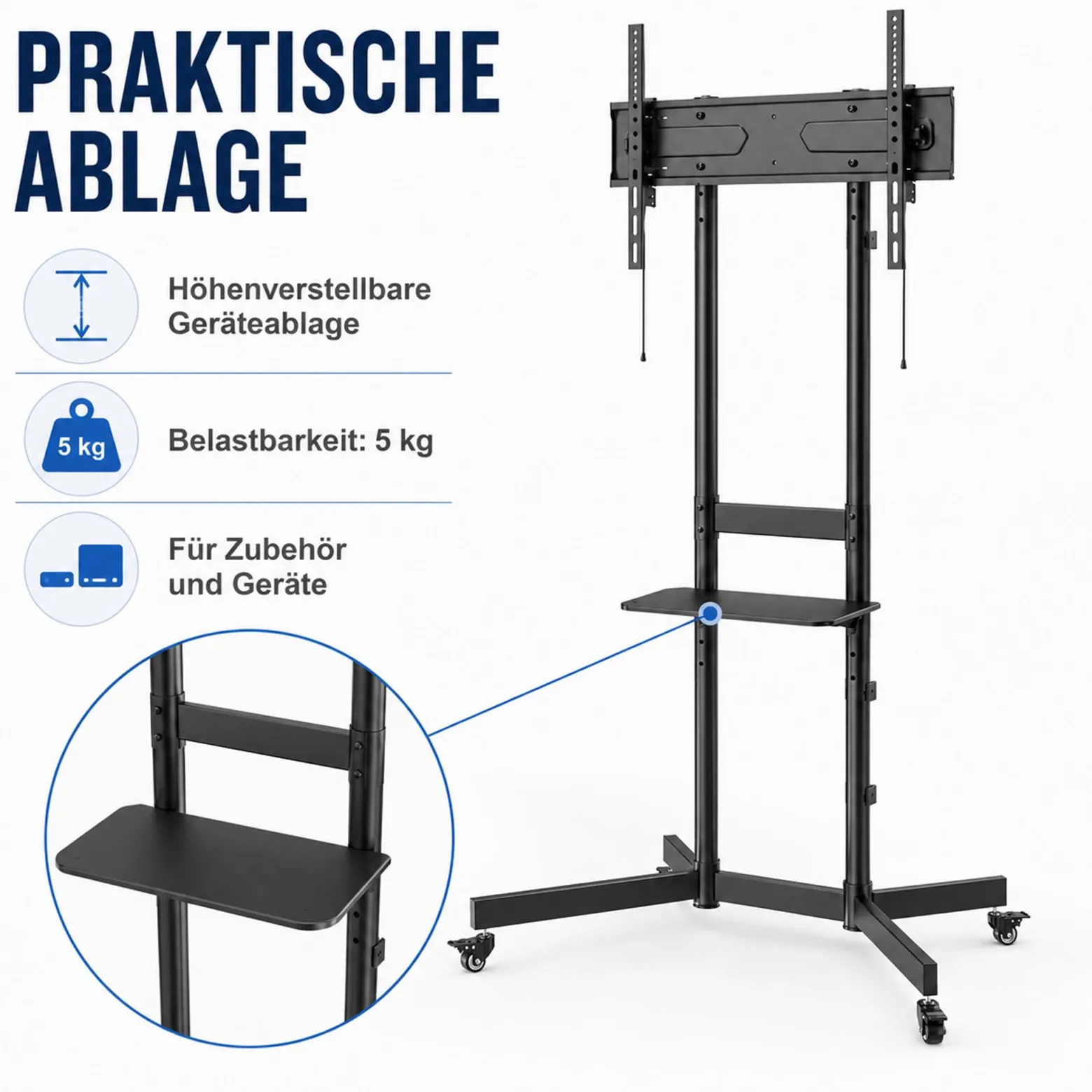 Wiltec TV Ständer rollbar mit Ablage 37"-70", höhenverstellbarer Fernseheständer belastbar bis 70 kg, neigbarer TV Wagen max. VESA 600x400