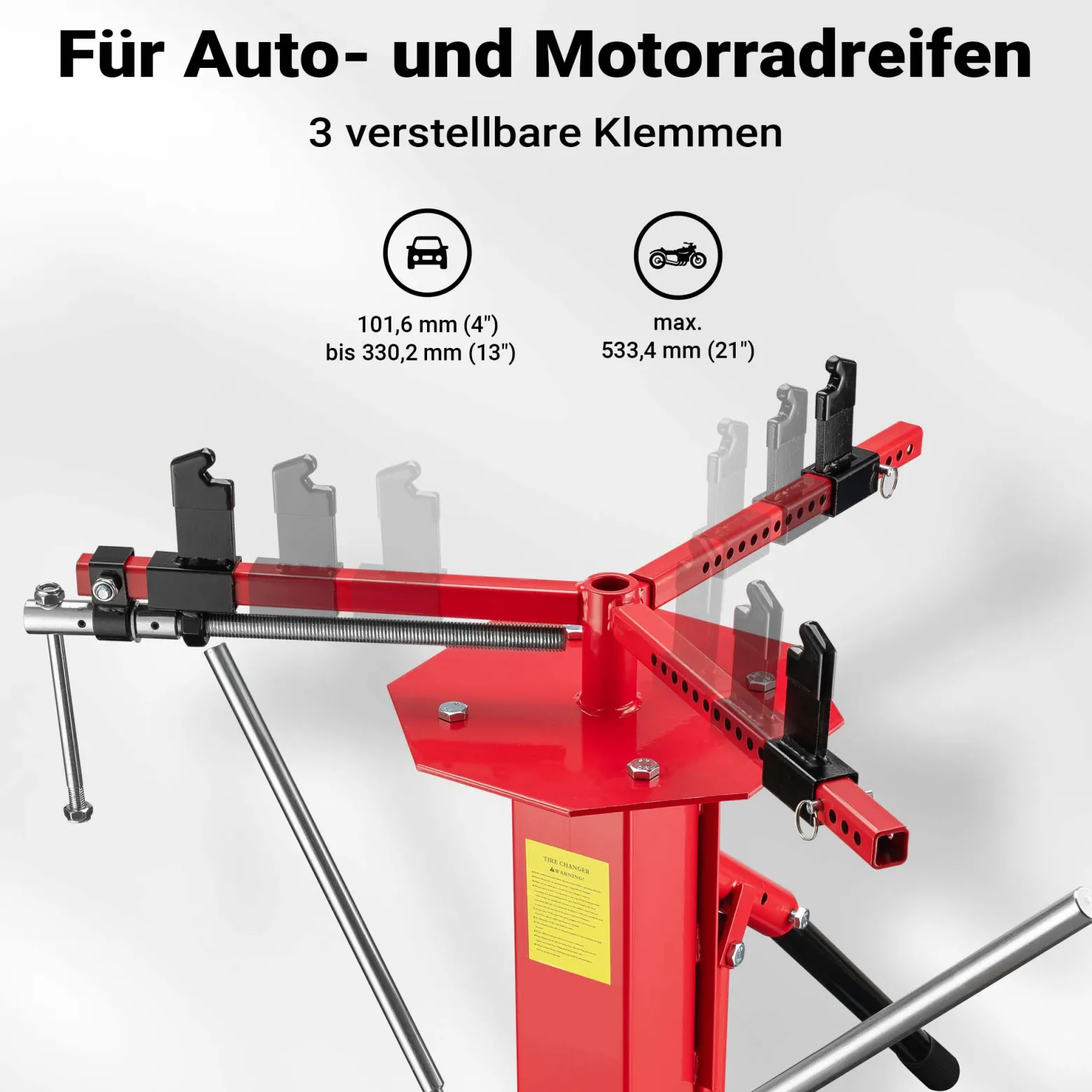 Wiltec Universelles Reifenmontiergerät 4" bis 21" (101,6-533,4 mm), für Achsen Ø 12-25 mm, Reifenmontagegerät aus Stahl zur manuellen Montage und Demontage