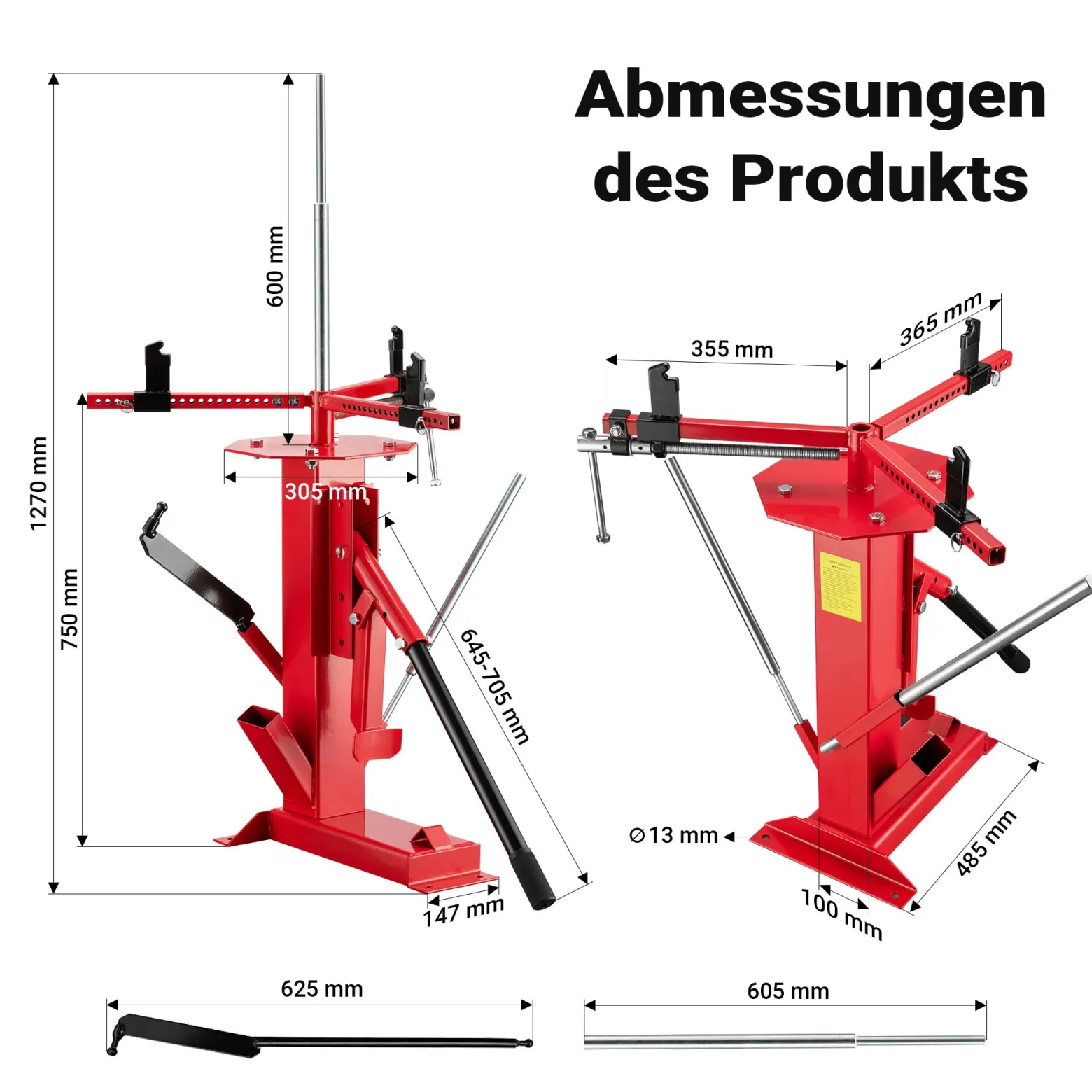 Wiltec Universelles Reifenmontiergerät 4" bis 21" (101,6-533,4 mm), für Achsen Ø 12-25 mm, Reifenmontagegerät aus Stahl zur manuellen Montage und Demontage